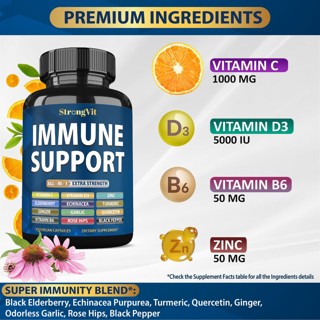 StrongVit Immune Support Supplement 12 in 1 Complex with Vitamin C, D3, Zinc, Echinacea, Elderberry, Ginger, Turmeric. Immune Defend for Men & Women, Non-GMO, Gluten-Free, Vegan, USA (120 Capsules)
