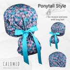CALOMED Scrub Cap for Women and Men, Ponytail Scrub Caps, Working Hat, Head Cover with Ribbon Ties and Buttons, Long Hair (Small Purple Flowers)