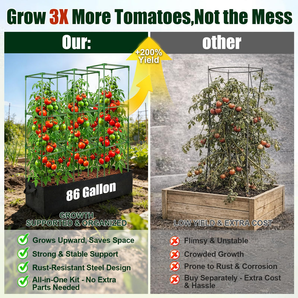 BobbleT 3 Pack Heavy Duty Tomato Cages with 86 Gallon Grow Bag, 41" Adjustable Tomato Trellis for Raised Garden Bed, Sturdy Square Plant Support for Climbing Vegetables, Cucumbers & Garden Plants