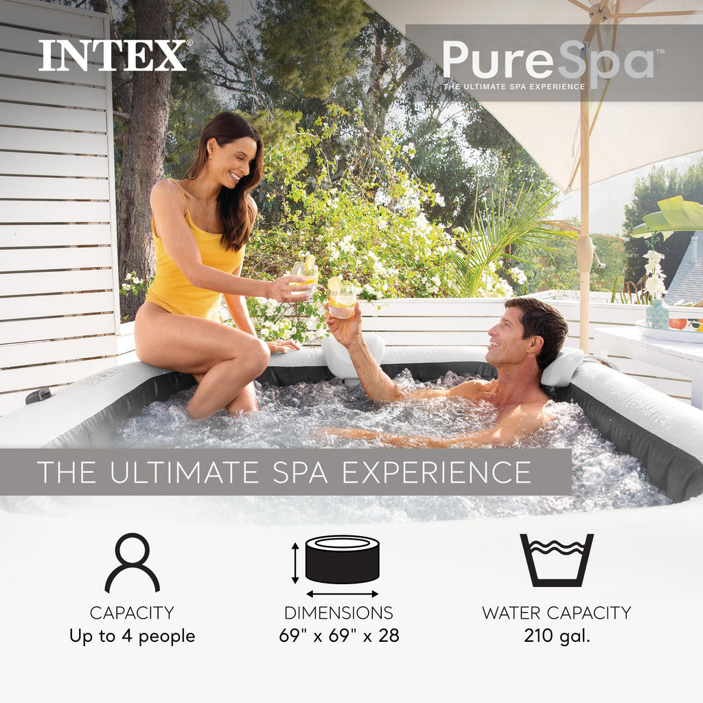 INTEX PureSpa Greystone Deluxe 4 Person Square Inflatable Hot Tub, Bubble Massage Spa Set with Energy Efficient Cover, 2 Headrests, & LED Light, 69 in x 28 in
