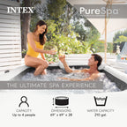 INTEX PureSpa Greystone Deluxe 4 Person Square Inflatable Hot Tub, Bubble Massage Spa Set with Energy Efficient Cover, 2 Headrests, & LED Light, 69 in x 28 in
