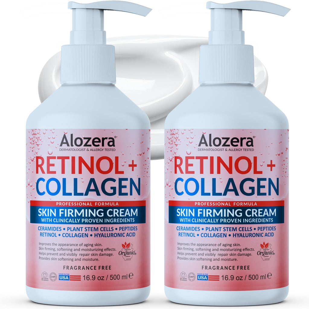 Alozera Skin Firming Retinol Collagen Face & Body Lotion with Stem Cells for Aging Skin and Wrinkles, Non-Greasy, Lightweight Moisturizer, Fragrance-Free, 16.9 oz (2-Pack)