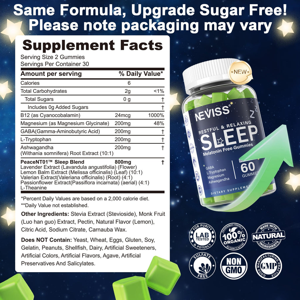 NEVISS Melatonin Free Sleep Aid Gummies for Adults - Magnesium Glycinate Gummies | GABA, L-Tryptophan, Magnesium, Ashwagandha - Non-Habit Forming, Help for Deep Relaxation - Vegan, Lemon Flavor, 2Pack