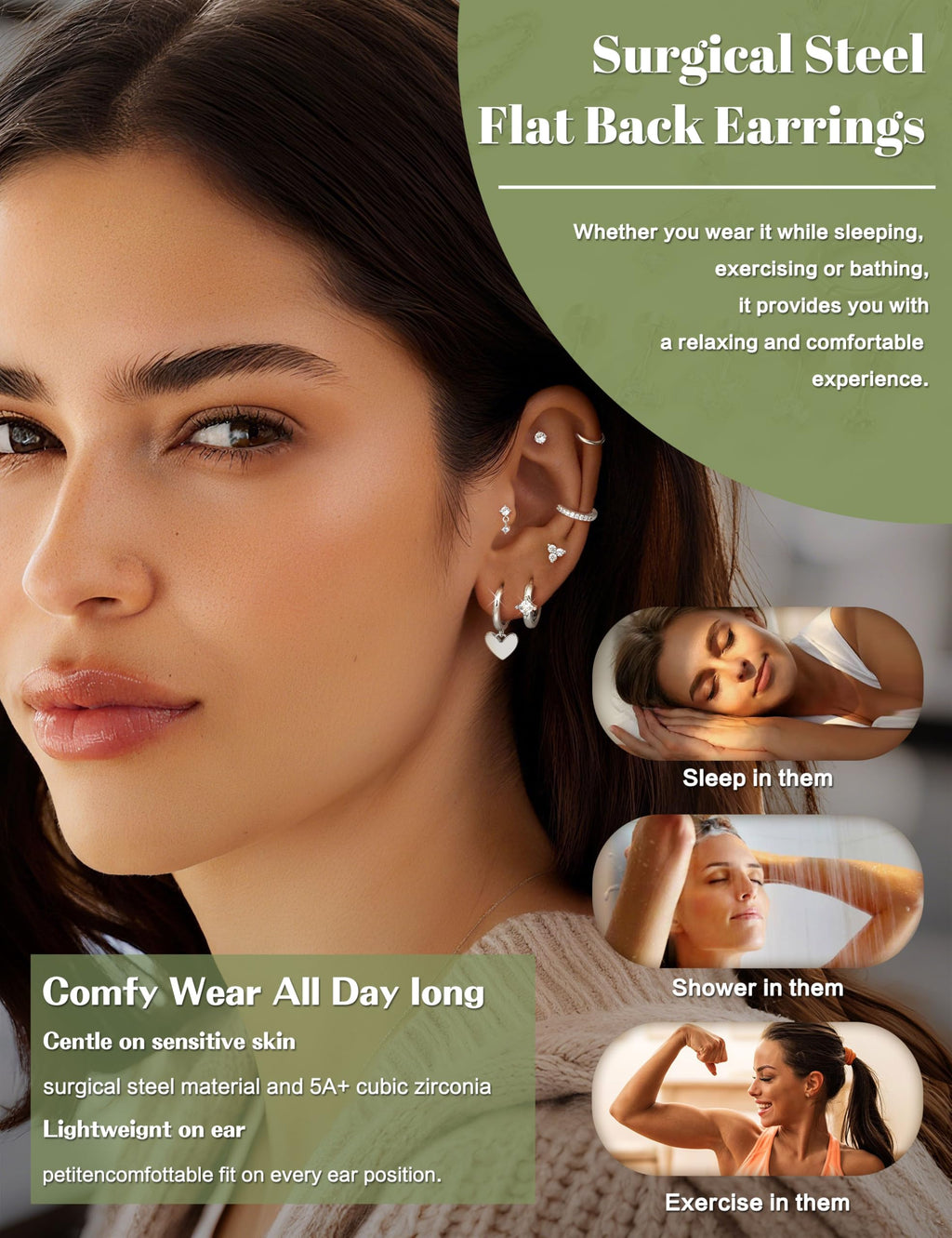 THUNARAZ 21Pcs Flat Back Earrings Stacks, Cartilage Helix Piercing Jewelry