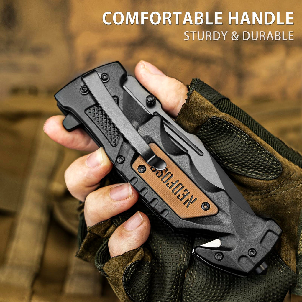 NedFoss Pocket Folding Knife Gift for Men DA75, 3 in 1 Pocket Knife for Men, 3.9” Serrated Blade, Survival Knife with Liner-Lock Belt Clip, Seat Belt Cutter, Glass Breaker, Tacical Gear, Hunting knife for Camping Hiking Outdoor