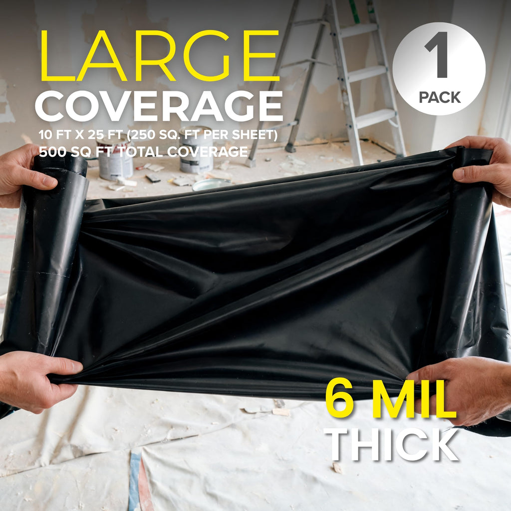 Plastic Sheeting (10' x 25') Long, 6 Mil (Black) - UV Protection Poly Sheeting Polyethylene Film, Heavy Duty Greenhouse Plastic Sheeting