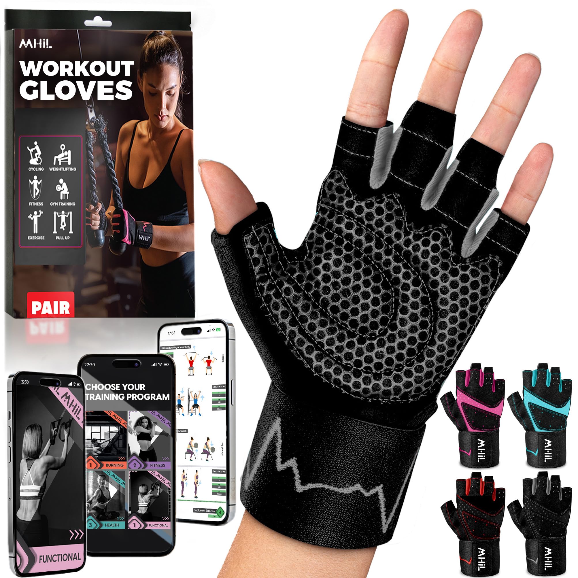 MhIL Workout Gloves for Women ��� Breathable Gym Gloves for Women with Palm Protection and Enhanced Grip ��� Padded Weight Lifting Glove for Womens with Wrist Wraps Support Weightlifting Exercise Cycling