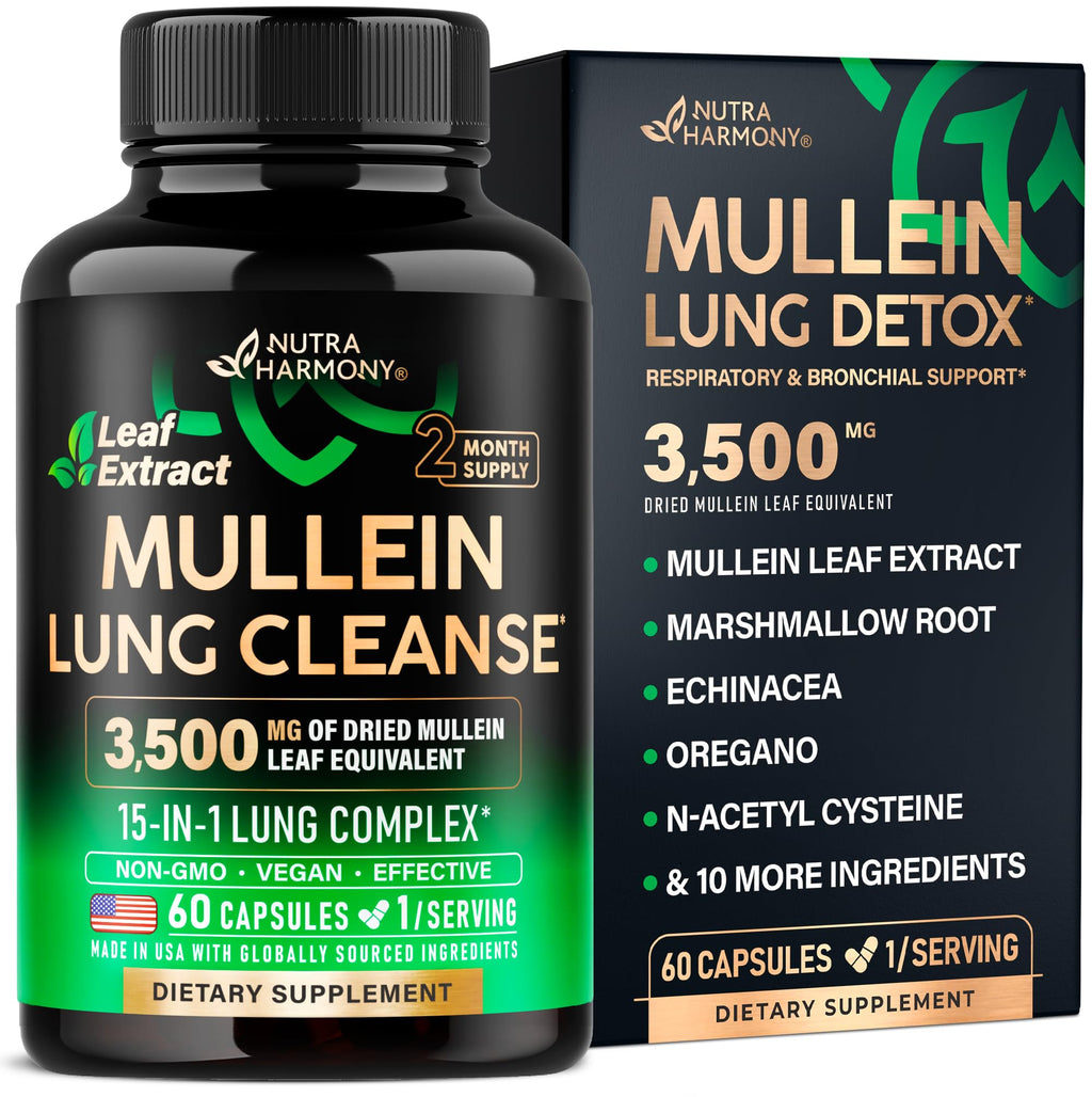 Mullein Lung Detox - Mullein Leaf Extract - Marshmallow Root | Echinacea | Oregano | Quercetin | NAC - 15-in-1 Lung Support & Cleanse for Smokers Supplement - Made in USA - As Drops - 60 Capsules