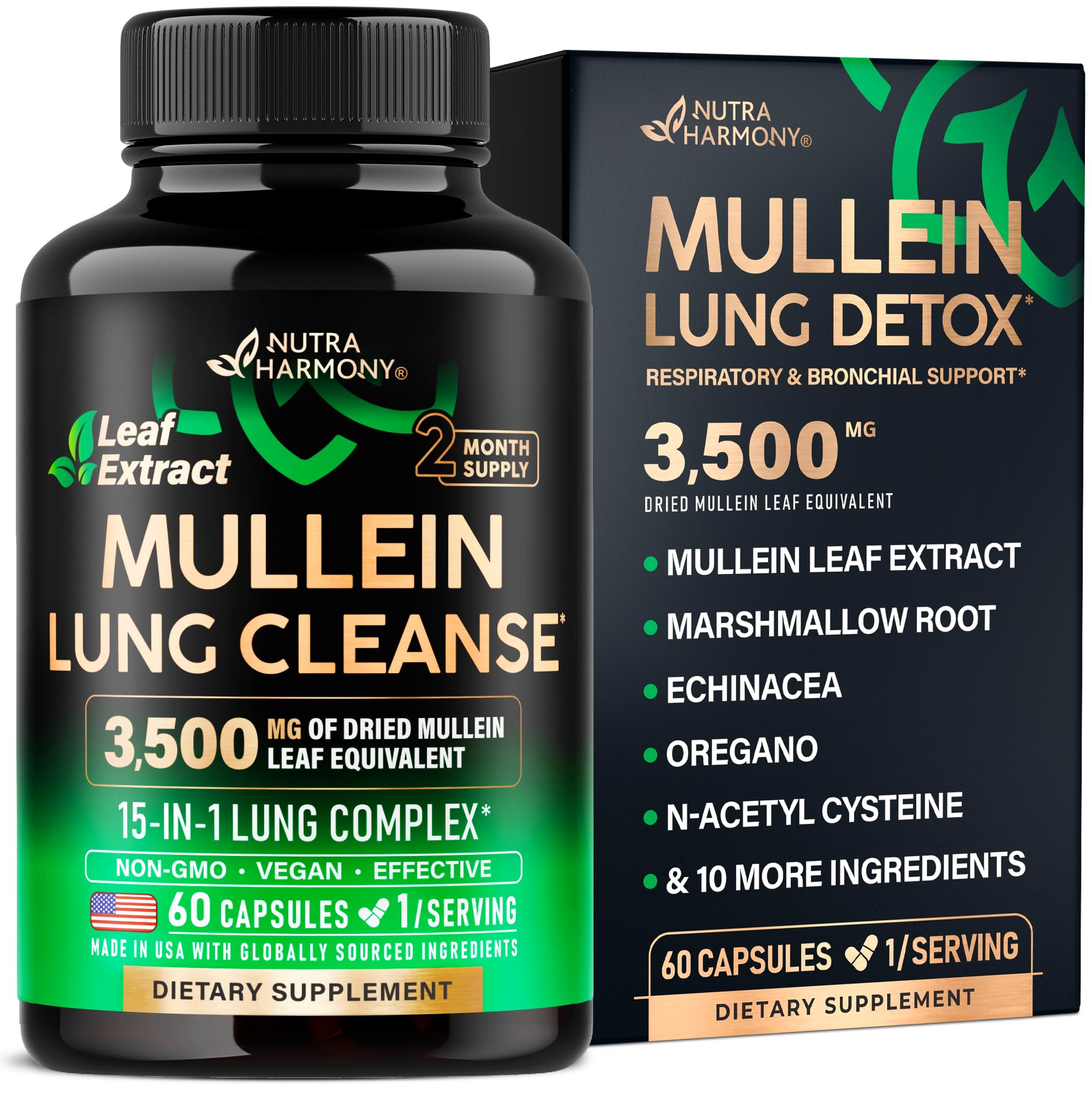 Mullein Lung Detox - Mullein Leaf Extract - Marshmallow Root | Echinacea | Oregano | Quercetin | NAC - 15-in-1 Lung Support & Cleanse for Smokers Supplement - Made in USA - As Drops - 60 Capsules
