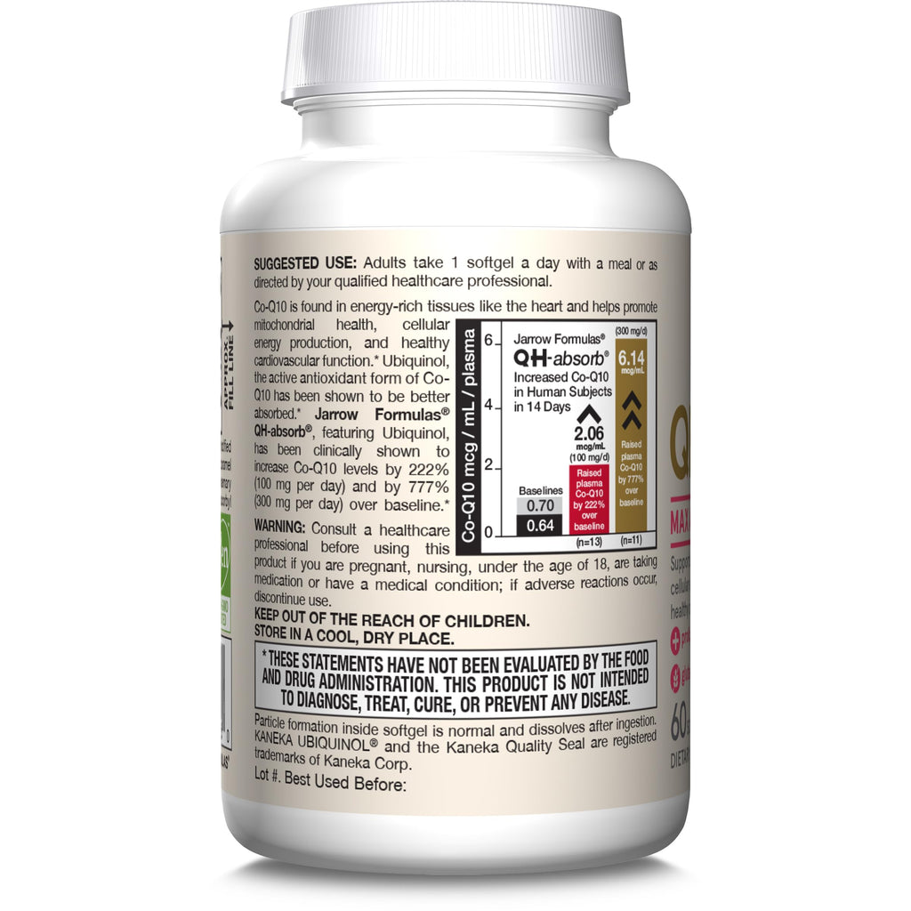 Jarrow Formulas QH-absorb 200 mg - High Absorption Co-Q10 - Active Antioxidant Form of Co-Q10 - Supports Mitochondrial Energy Production &Cardiovascular Health - Up to 60 Servings