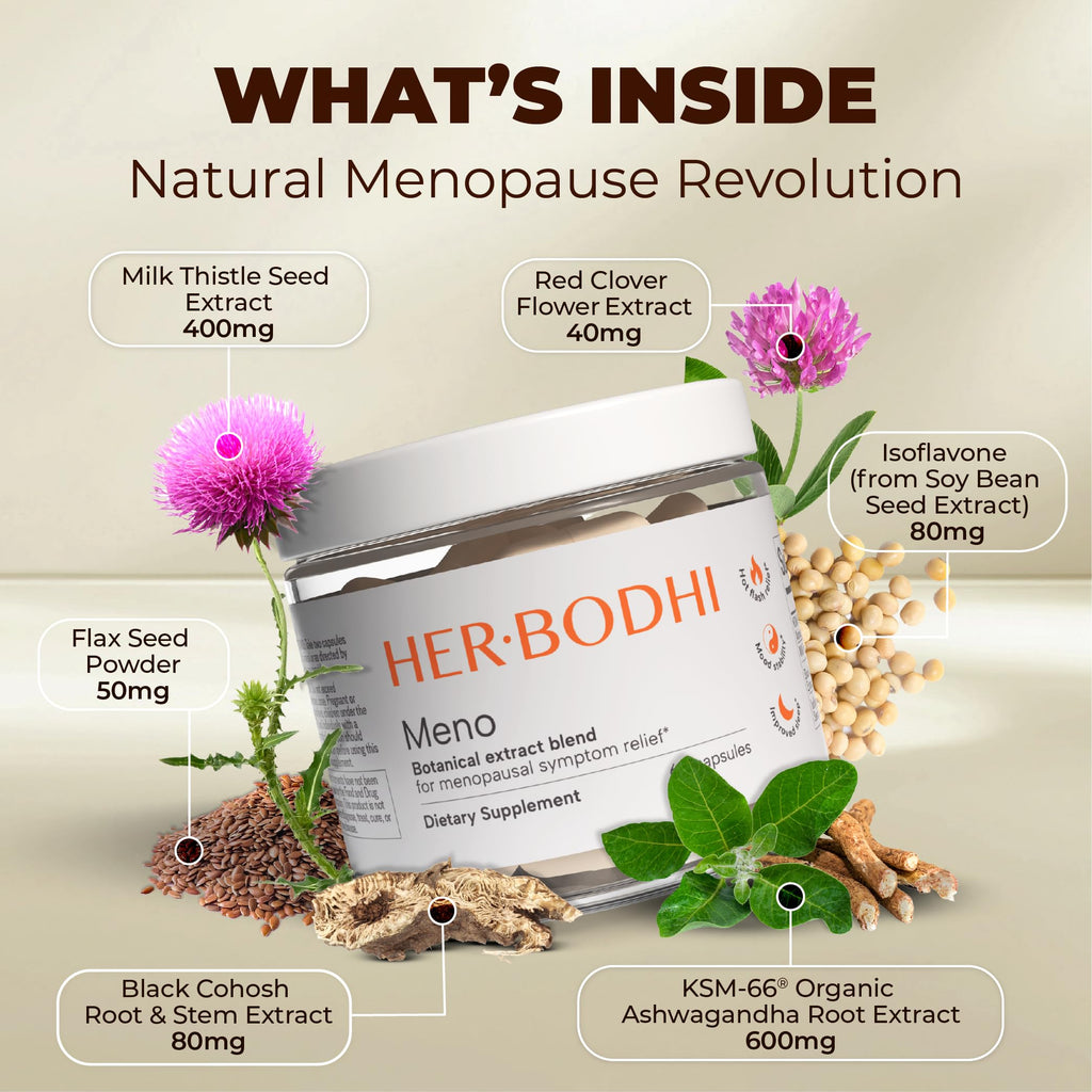 Her Bodhi Meno- Menopause Hormonal Balance for Women, Estrogen Soy Isoflavones Menopause Supplement for Women, Holy Basil, Ashwagandha, Black Cohosh Hot Flashes Menopause Relief (60 Capsules)