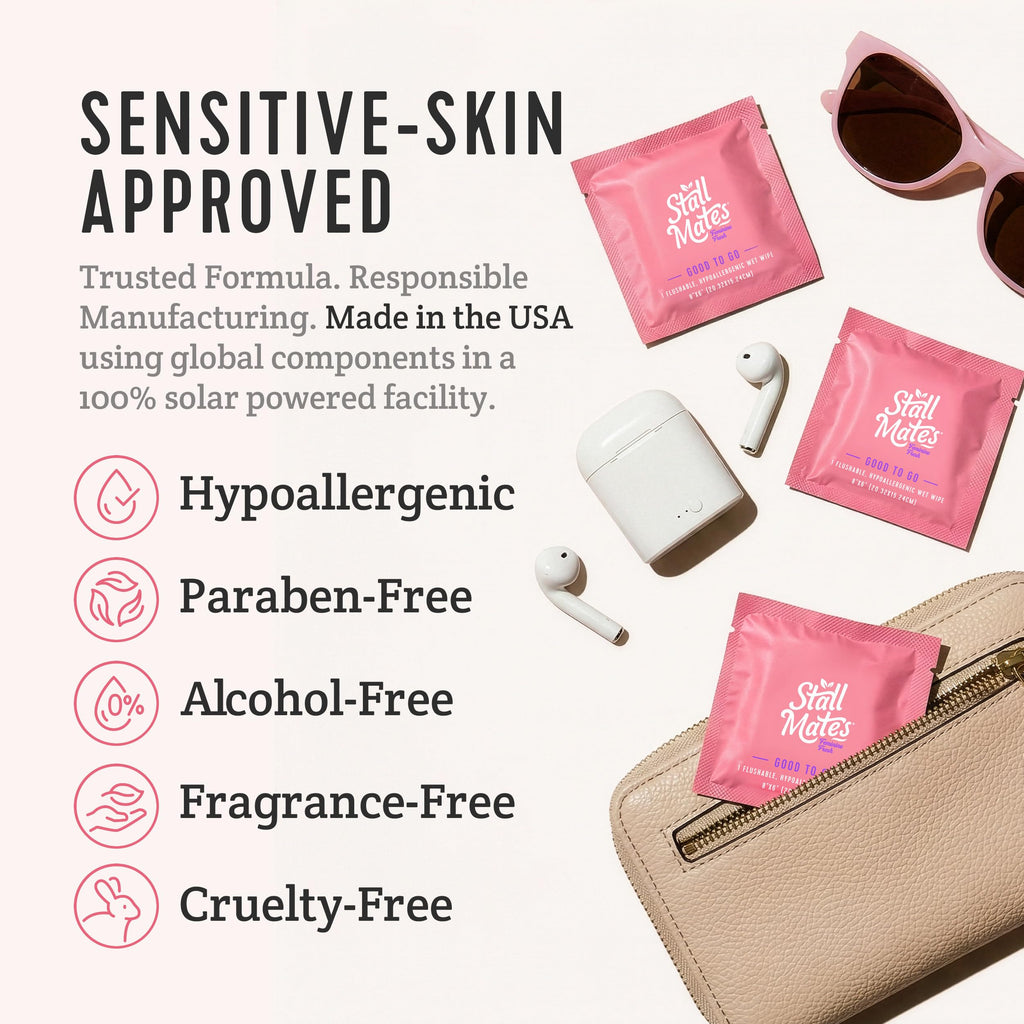 Stall Mates Wipes Feminine Fresh - Flushable | Individually Wrapped Cleansing Travel Friendly PH balanced Unscented with Sunflower, Rosemary and Aloe (90 on-the-go singles) BULK PACK