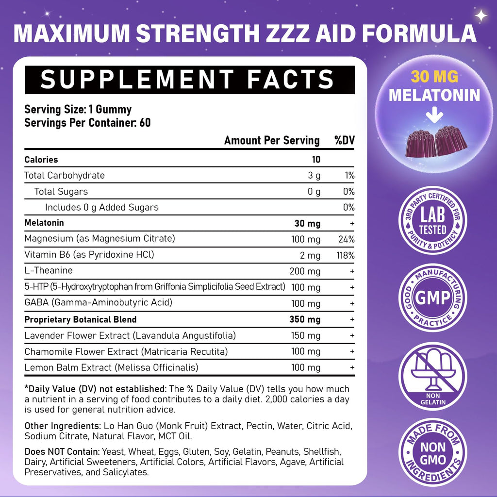 Veyttisy Melatonin 30mg Gummies for Adults - Sugar Free Melatonin Gummies Maximum Strength with Magnesium, B6, GABA & Botanical Blend - Non-Habit Forming,Vegan, Non GMO, Natural Mixed Berry Flavor