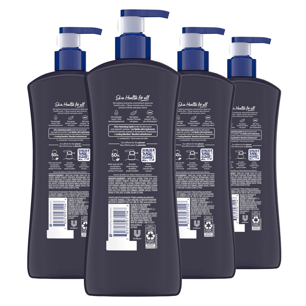 Vaseline Men Cooling Hydration 3-in-1 4 Pack for Dry Skin Face, Hands & Body Lotion for Men with Menthol & Ultra-Hydrating Lipids 20.3 oz