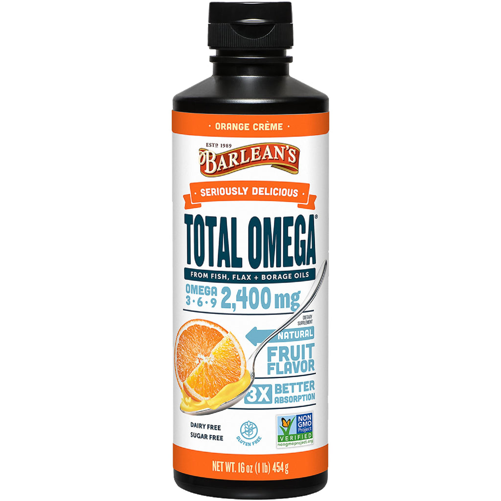 Barlean's Total Omega 3 6 9 Liquid Fish Oil Supplement with Borage and Flaxseed Oil, Orange Crème, 2,400 mg of EPA, DHA and GLA Fatty Acids, 16 oz