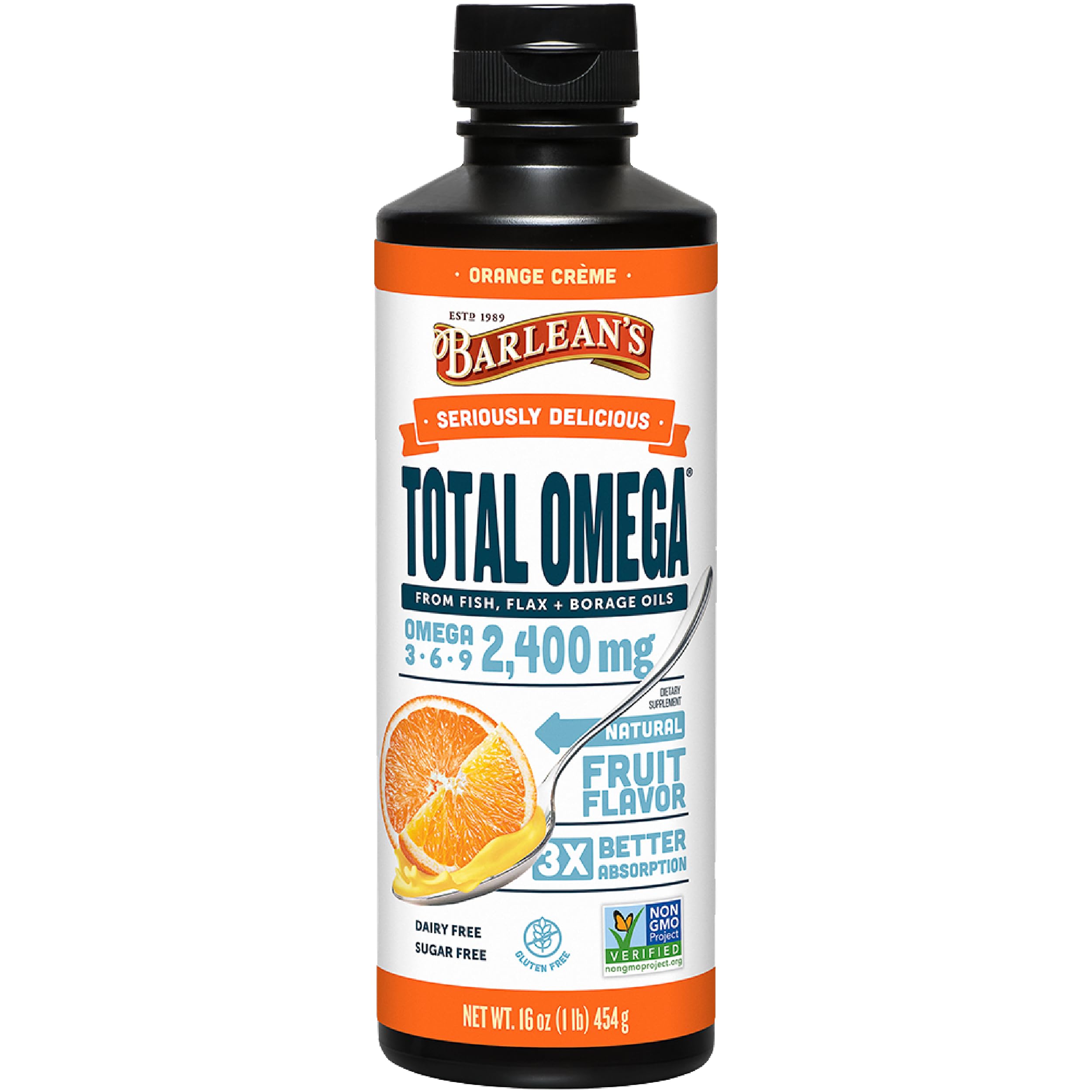 Barlean's Total Omega 3 6 9 Liquid Fish Oil Supplement with Borage and Flaxseed Oil, Orange Crème, 2,400 mg of EPA, DHA and GLA Fatty Acids, 16 oz