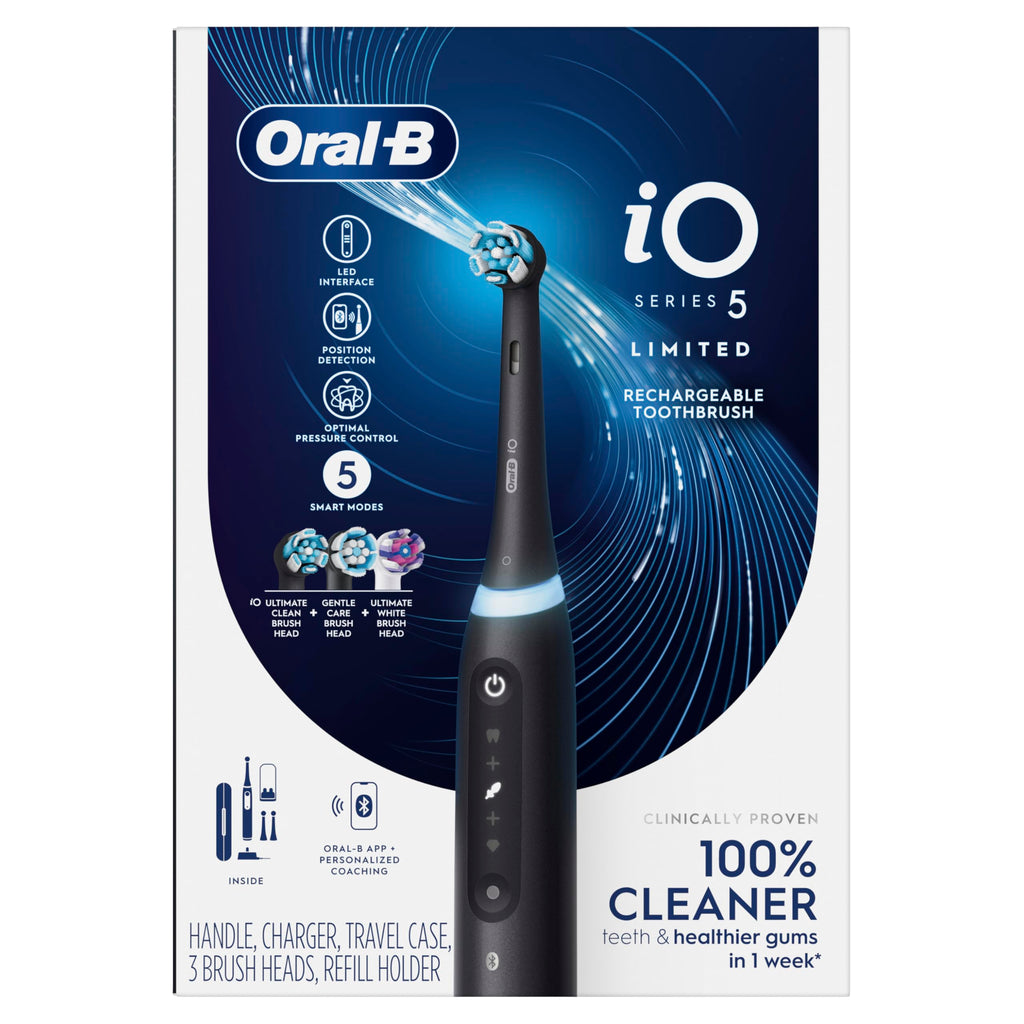 Oral-B Rechargeable Electric Toothbrush, iO5 Limited Deep Clean & Whiten, 5 Cleaning Modes, Visual Pressure Sensor to Protect Gums, Travel Case, 3 Brush Heads, Black