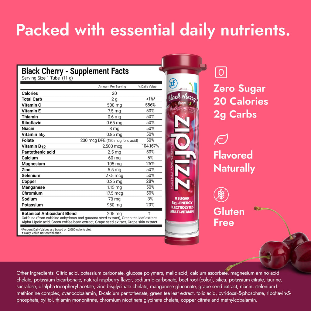 Zipfizz Energy Drink Powder, 20 Pack Electrolyte Mix with B12 -Black Cherry