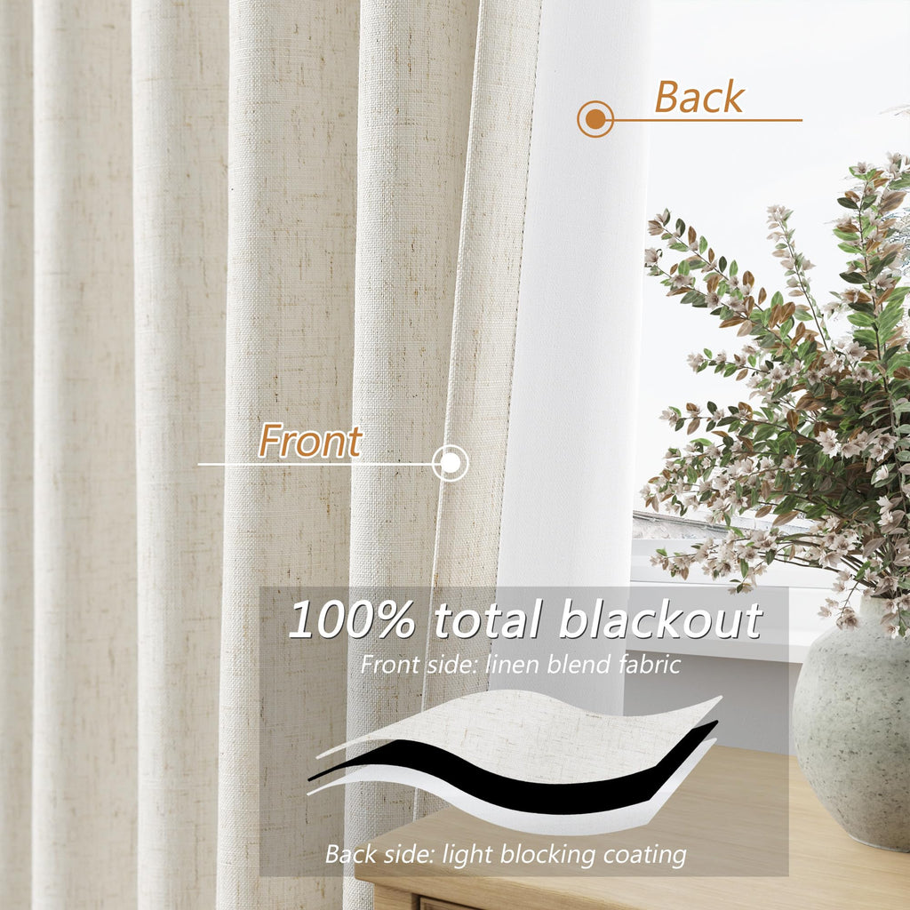 Guken 100% Blackout Linen Curtains 84 Inch Long for Bedroom 2 Panels Cream