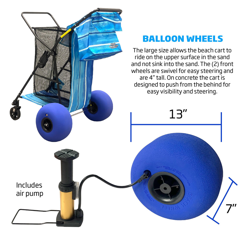 Beach Cart Balloon Wheel Deluxe Heavy Duty Folding Ocean Utility 13” x 7” Sand Wheels Holds 4 Folding Chairs Umbrella Holder Removable Beach Bag Blue Striped Pattern