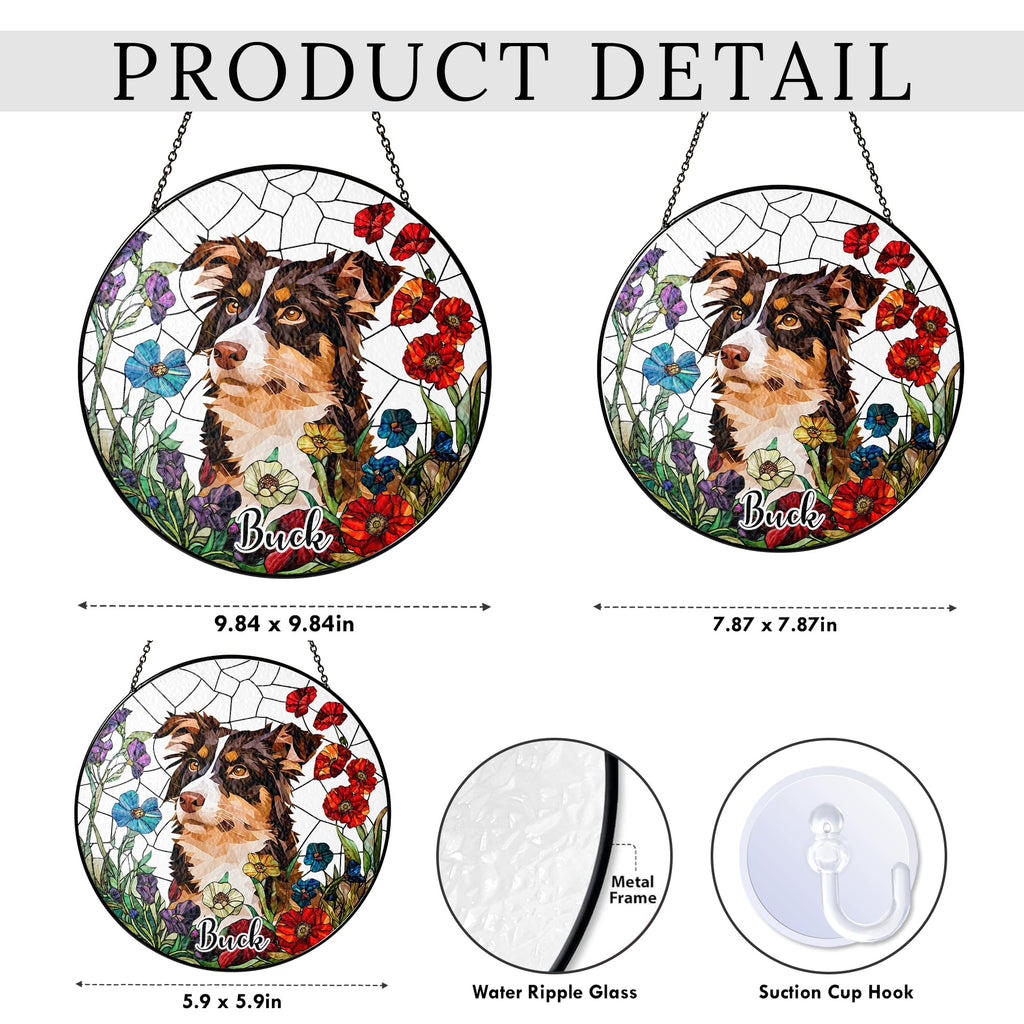 Fastpeace Personalized Stained Glass Pet Photo Suncatcher – Custom Pet Portrait Memorial Window Hanging with Flowers, Keepsake Valentines Gift for Dog Lovers, Cat Lovers, Family Home Decor