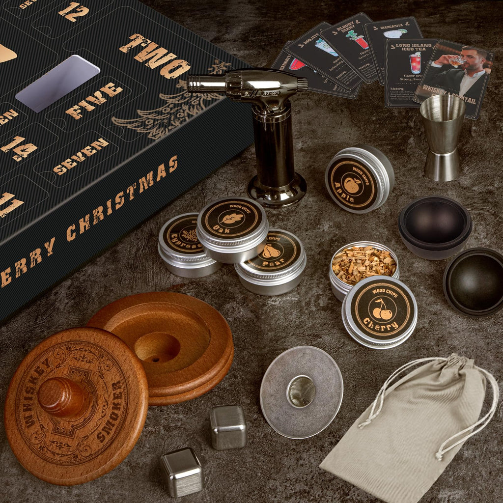 Whiskey Advent Calendar 2026 for Men, 24 Day Bourbon Smoker Infuser Kit for Cocktail and Whisky Lovers, Perfect Christmas for Husband, Dad, Boyfriend, Him(NO Butane, Glass)