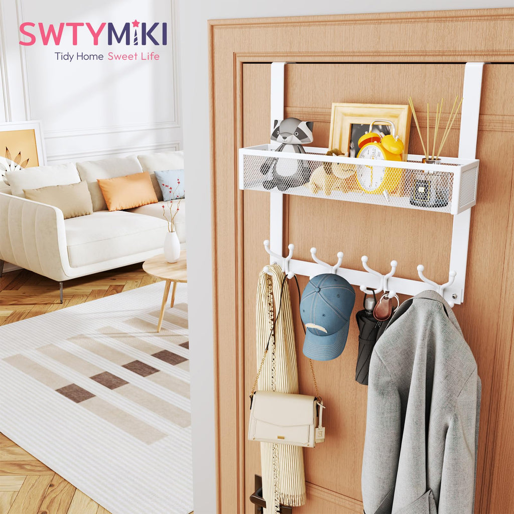 SWTYMIKI Over The Door Hook with 16 Hooks & Mesh Baskets - Heavy Duty Over The Door Organizer Hanger for Towels, Coats, Clothes - Space Saving Hanging Rack for Bathroom, Living Room, White