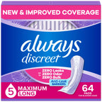 Always Discreet Adult Incontinence Pads for Women, Drier, 5 Drop Long Length, Heavy Absorbency, Pads for Bladder Control Management, Bladder Leaks, & Postpartum Pads, 64ct
