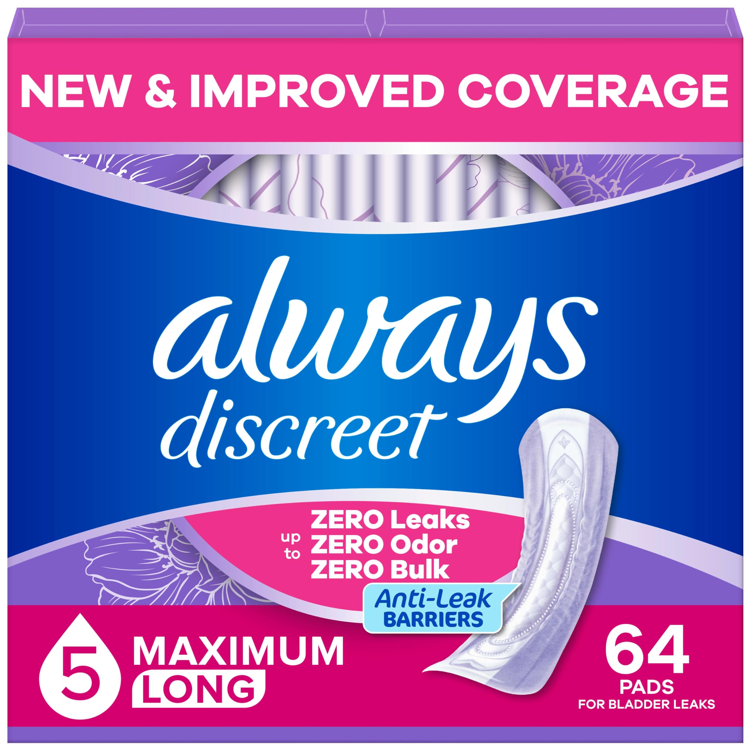 Always Discreet Adult Incontinence Pads for Women, Drier, 5 Drop Long Length, Heavy Absorbency, Pads for Bladder Control Management, Bladder Leaks, & Postpartum Pads, 64ct