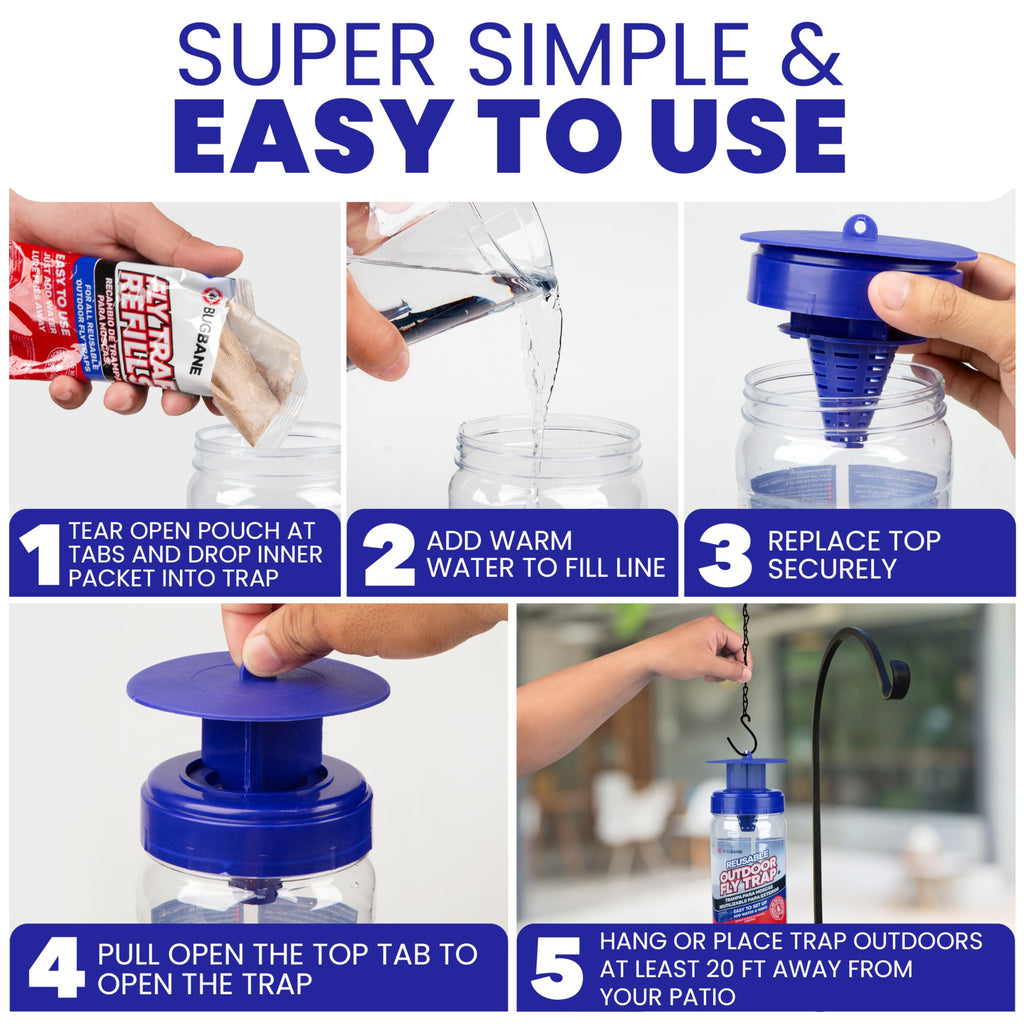 2 Fly Traps Outdoor Fly Trap for Patio with 4 Non-Toxic Dissolvable Bait Refills. Reusable Hanging Bug Catcher Killer for All Filth Flies for Outside Bug Control Yard Ranch. Hanging Chains Included.