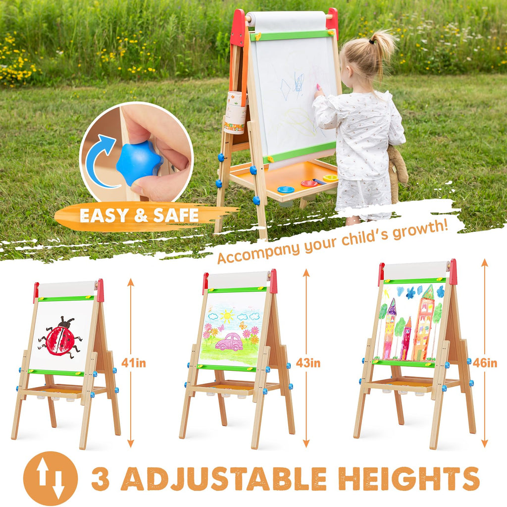 Tiny Land Easel for Kids with 2 Drawing Paper Roll, Learning-Toy for 3,4,5,6,7,8 Years Old Boy & Girls, Wooden Chalkboard & Magnetic Whiteboard & Painting Paper Stand, Gift & Art Supplies for Toddler