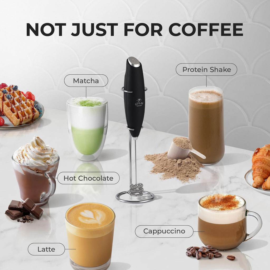Zulay Kitchen Powerful Milk Frother Wand With Duracell Batteries - Ultra Fast Handheld Drink Mixer - Electric Whisk Foam Maker for Coffee, Lattes, Cappuccino & Matcha - Triple Whisk - Black