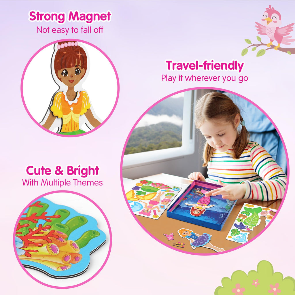 Mocoosy Magnetic Dress Up Dolls for Girls, Princess Mermaid Fairy Ballerina Magnet Dolls Dress Up Kits, Travel Game Car Road Trip Airplane Activity Toys Birthday Gifts for Toddler Girls Ages 3 4 5 6 7