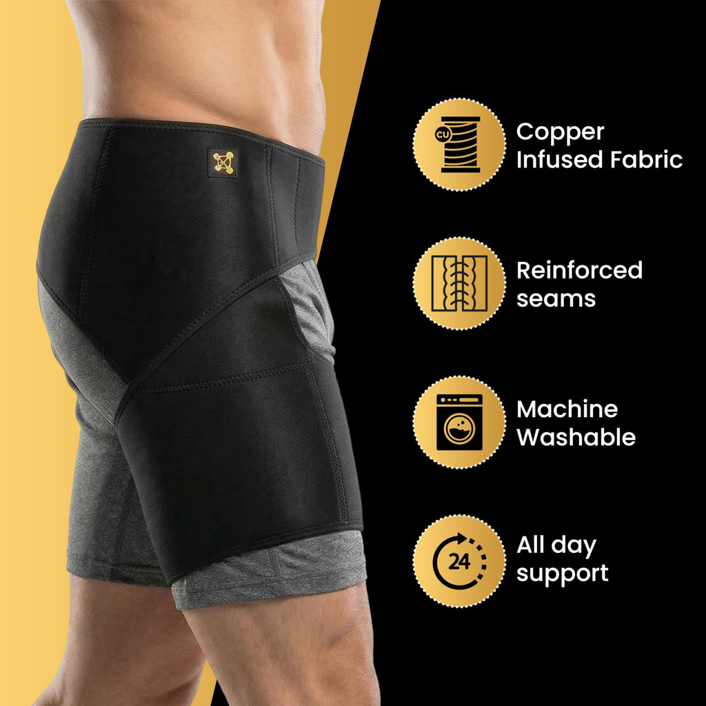 CopperJoint Hip Brace for Women & Men, Adjustable Hip and Thigh Compression Wrap, Left or Right Wear, Groin, Hamstring and Upper Thigh Support, One Size