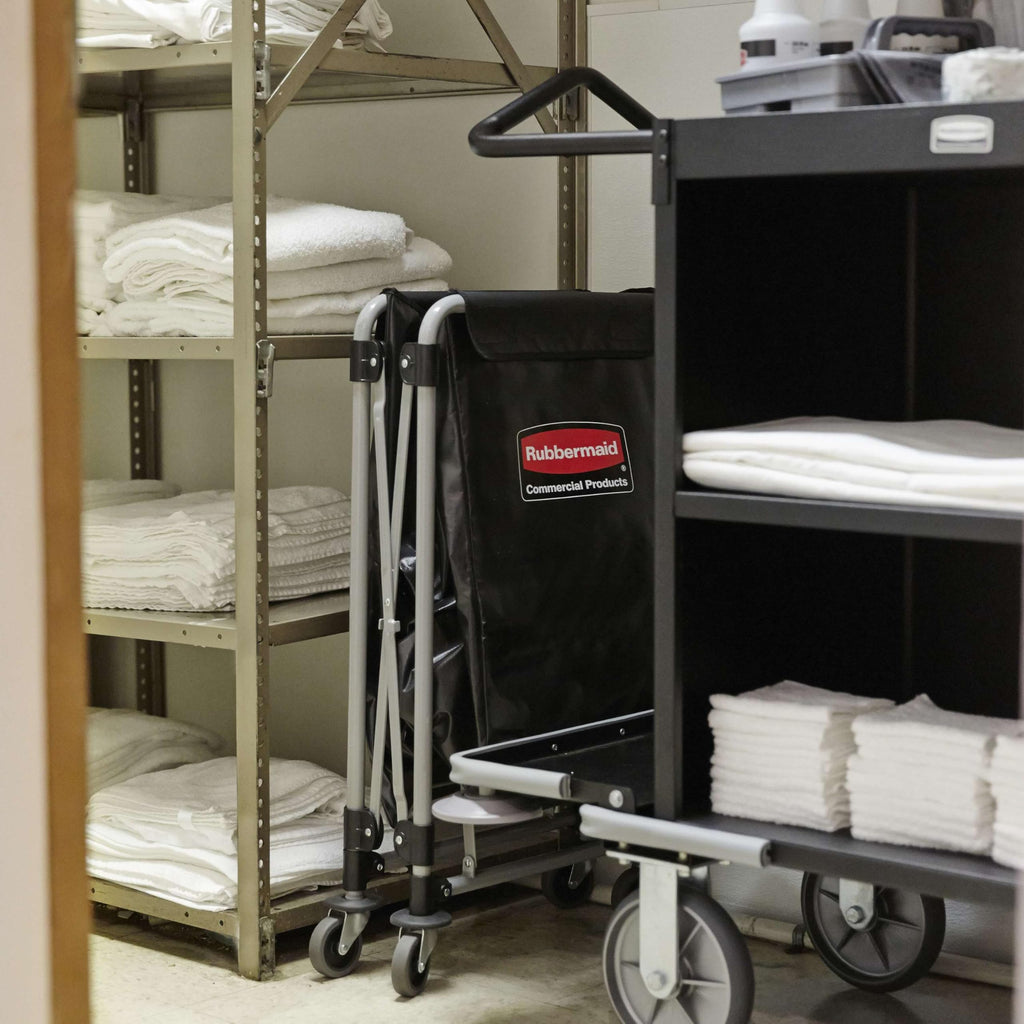 Rubbermaid Commercial Products, Collapsible X Cart, Black, Steel 4 Bushel Bin, Commercial Laundry Cart with Wheels for Hotel/Nursing Home/Home/College Easily Move Laundry/Supplies/Groceries