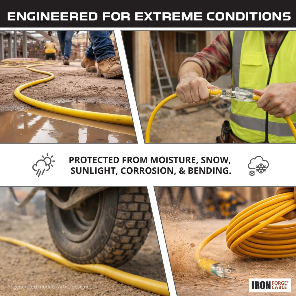 Iron Forge Cable 10 Foot Lighted Outdoor Extension Cord - 12/3 SJTW Heavy Duty Yellow Extension Cable with 3 Prong 15 AMP Grounded Plug for Safety