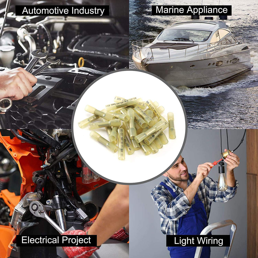 VAMRONE 250PCS Yellow Heat Shrink Butt Wire Connectors 12-10 AWG, Insulated Waterproof Electrical Wire Connectors Automotive Marine Grade Wire Crimp Terminals Butt Splices, Ideal for Boat, Truck,