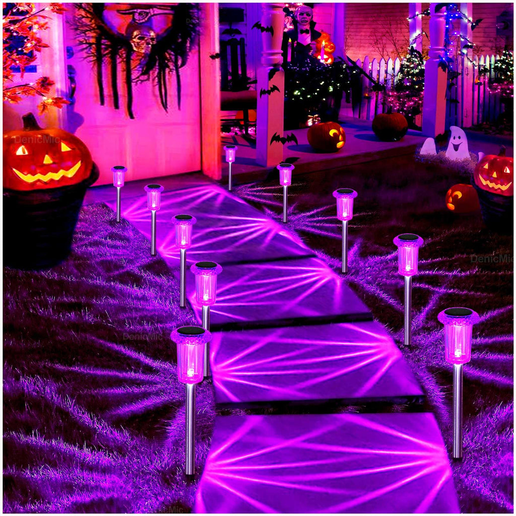 DenicMic Solar Lights Outdoor 10 Pack Waterproof Purple LED Stainless Steel Stake Outside Lights for Yard Pathway Garden Driveway Walkway Landscape Path Lighting Halloween Decorations Outdoor