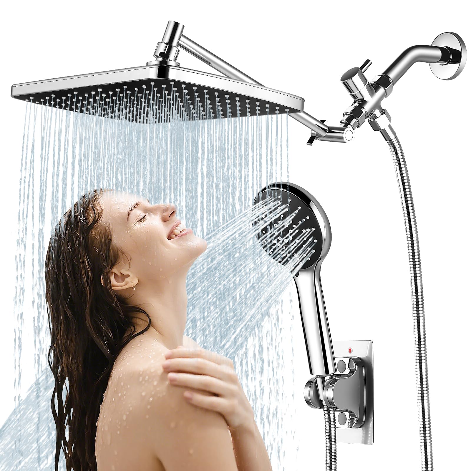 RNDIOZD Shower Head with Handheld,11.8 Inch Large Rectangular Rain Shower Head with 5 Modes Handheld Spray Combo,Adjustable Double Shower Heads with Holder and 11'' Extension Arm,Chrome