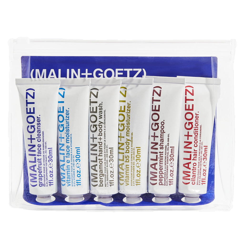 MALIN+GOETZ Best-Sellers Travel Kit | Six Everyday Essentials for Face, Body + Hair | Grapefruit Face Cleanser, Vitamin E Face Moisturizer, Peppermint Shampoo + More | Vegan, Travel-Friendly(6 x 1 oz)