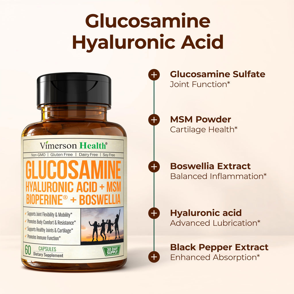 Glucosamine Sulfate with Hyaluronic Acid, Boswellia, Black Pepper & MSM Supplement – 5-in-1 Joint Supplements for Men and Women – Joint Health, Mobility & Bone Strength – FSA Eligible 60 Caps