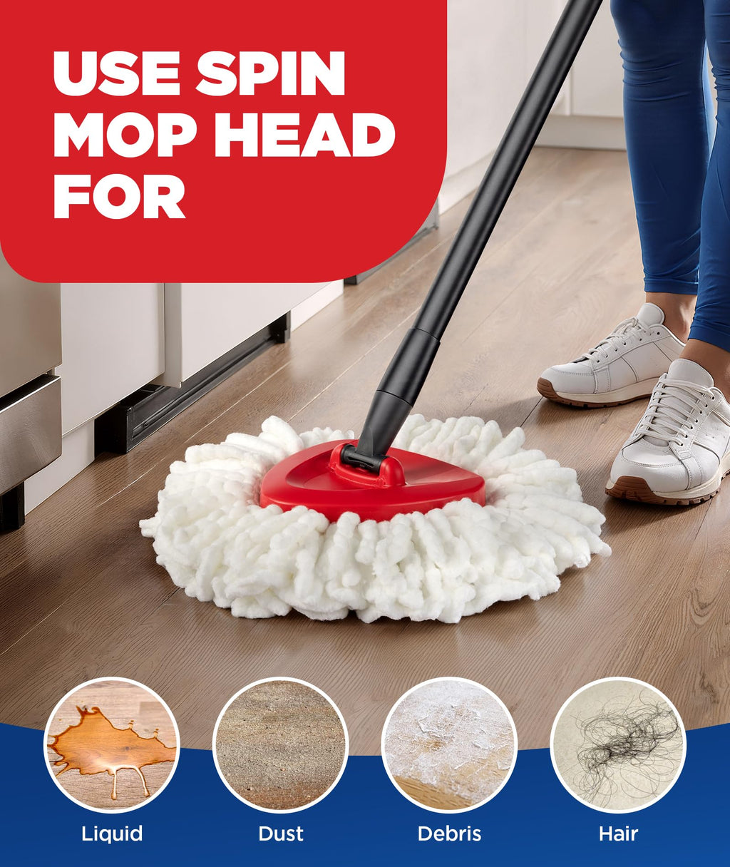 4-in-1 Mop Heads Replacements for O Cedar EasyWring 1 Tank System, Includes 1 Base | 1 Scrub Brush Head | 2 Spin Mop Heads, Full Set Mop Replace Heads for Cleaning Home, Bathroom & Kitchen