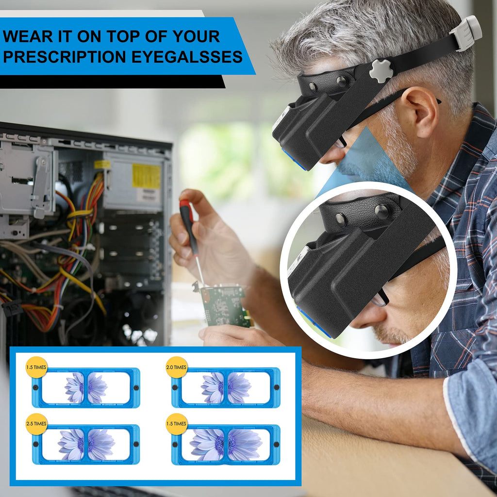 Dilzekui Headband Magnifier with LED Light, Rechargeable Head Mount Magnifier 1.5X to 3.5X, Opitcal Magnifying Glass with Lens, Jewelers Optivisor Hobbies Visor Manifying Glasses for Close Work