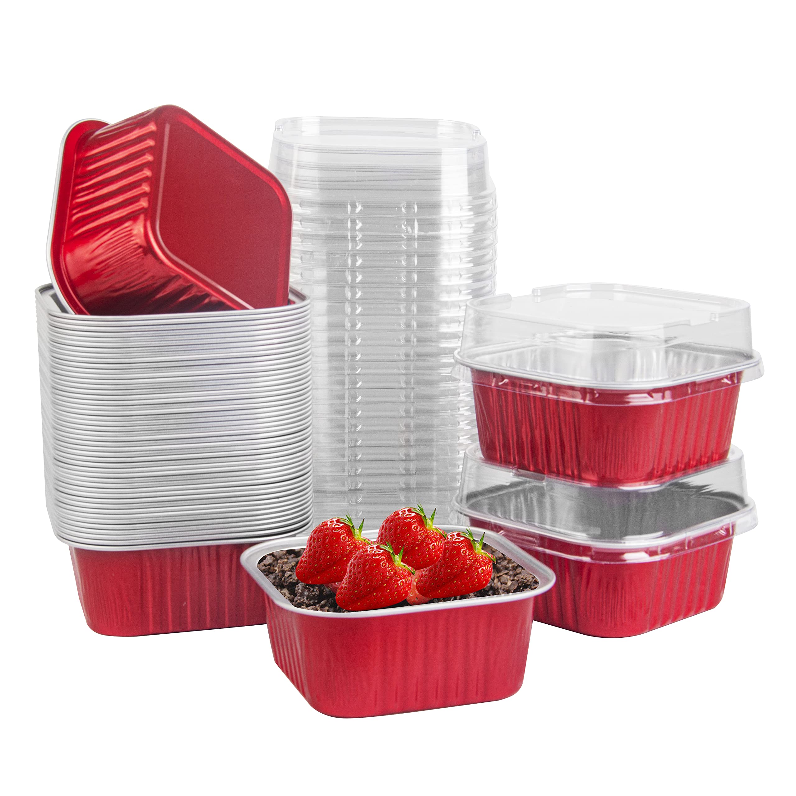 50 Pcs Mini Square Baking Cups with Lids,10oz Aluminum Foil Mini Cake Pans with Lids,Disposable Ramekins Cake Pans,300ml Dessert Cups Cupcake Pans for Wedding Birthday Party,Red