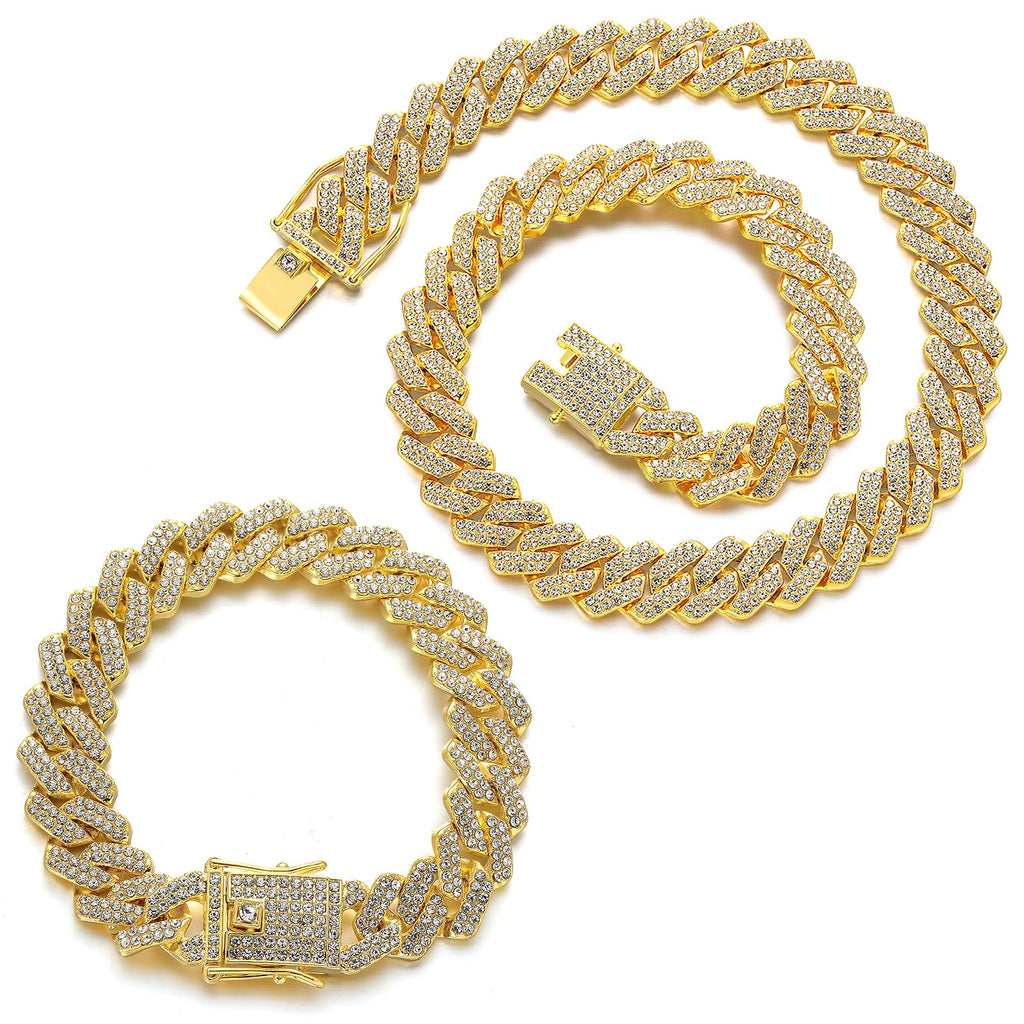 JUNVirtuous 2 Pieces Cuban Link Chain Mens Iced Out Miami Cuban Necklace and Bracelet Silver Bling Diamond Hip Hop Jewelry for Men and Women (Gold, 8" Bracelet and 20" Necklace)