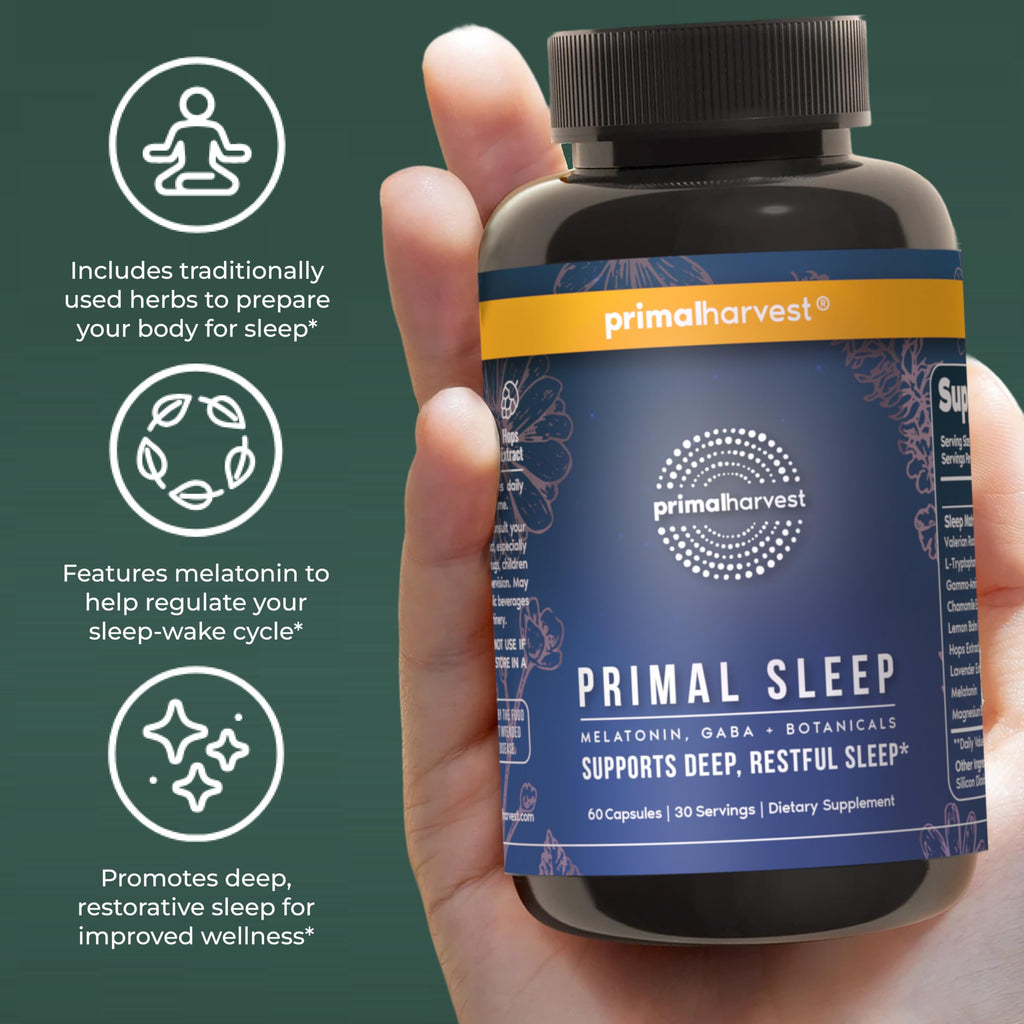 Primal Harvest Primal Sleep Support Supplement for Adults with Melatonin, GABA, Valerian Root, L-Tryptophan, Magnesium Bisglycinate Chelate, and Chamomile for Deep Restful Sleep