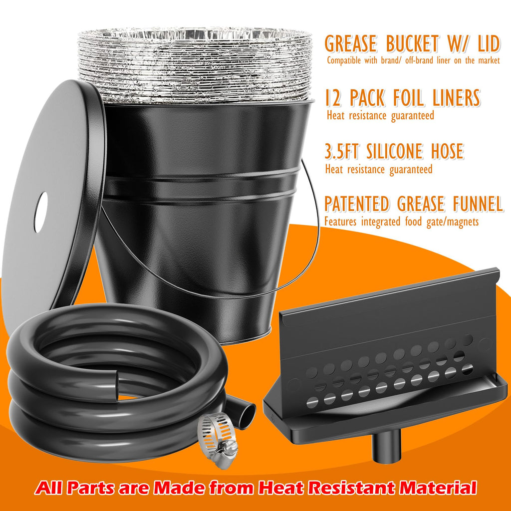 Rear Grease Drainage System for Blackstone Griddle 36" 28" 22" 17" – Large Capacity Grease Catcher Funnel with Integrated Magnetic Gate, 3.5FT Silicone Hose, Sealed Bucket W/Lid & 12-Pack Foil Liners