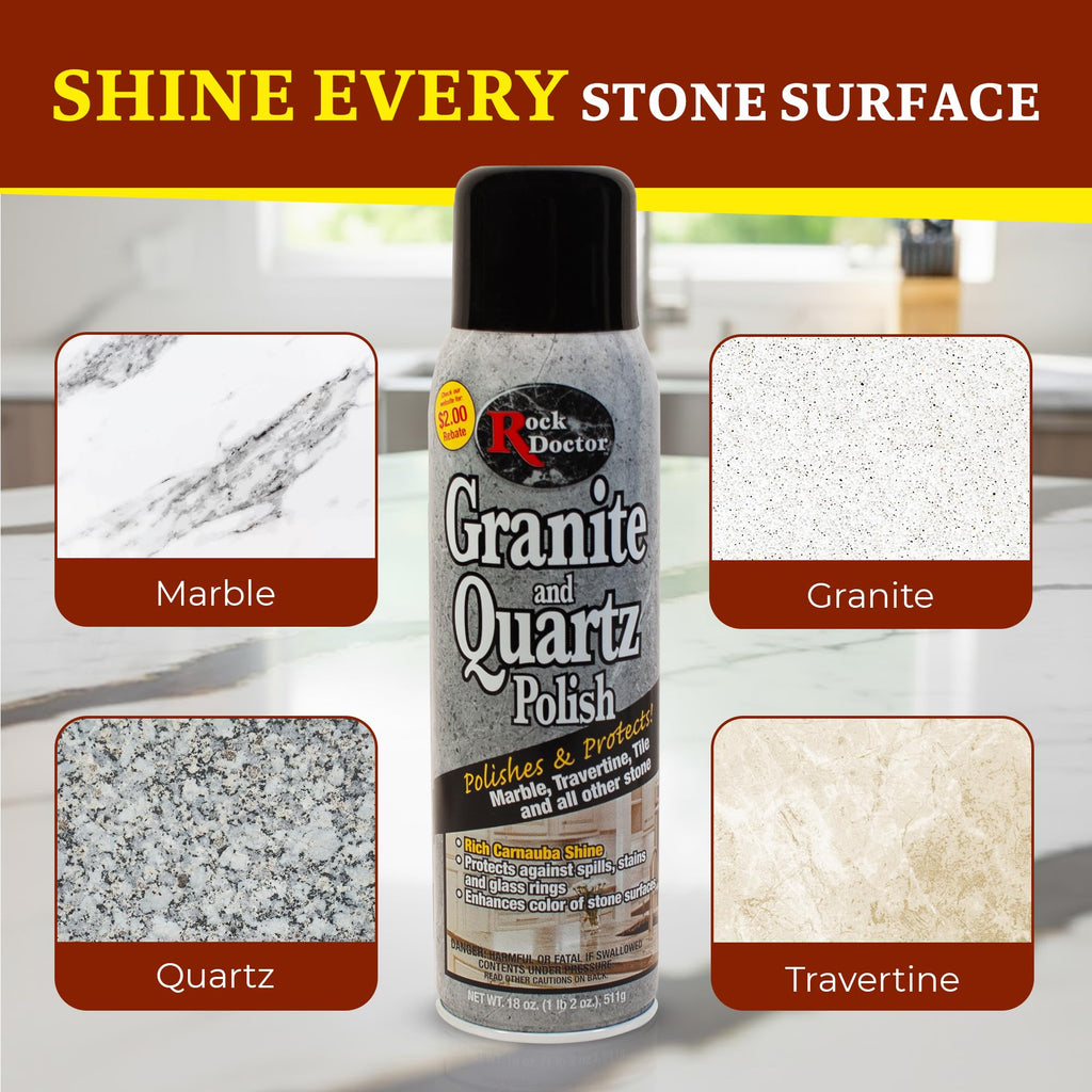 Rock Doctor Granite Polish Spray and Surface,18oz.Can Polish Tile, Marble, Kitchen Countertop, and Natural Stone Surfaces, Streak-Free Shine Pack of 2