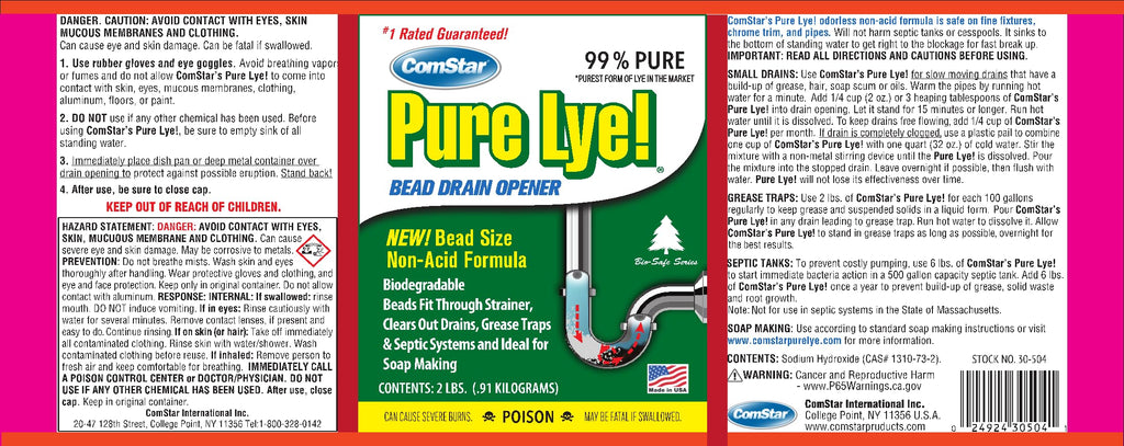 ComStar Pure Lye 2 lb - Unique Sodium Hydroxide Beads | Drain Opener & Soap Making | Biodegradable, Eco-Friendly (30-504)