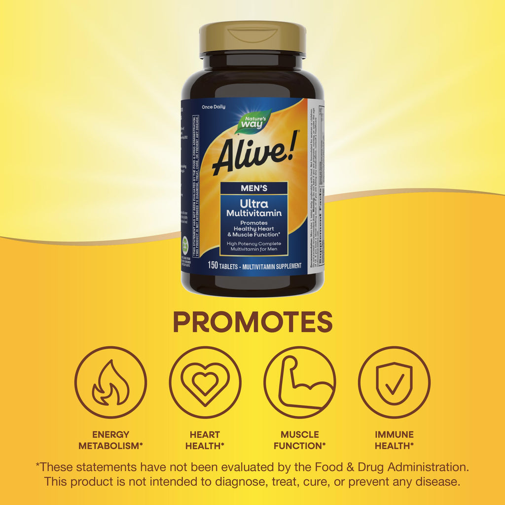 Nature's Way Alive! Men’s Once Daily Ultra Potency Multivitamin Tablets, Complete High Potency Men’s Daily Vitamin Promotes Heart & Muscle Function*, B-Vitamins, Zinc and Antioxidants, 150 Tablets